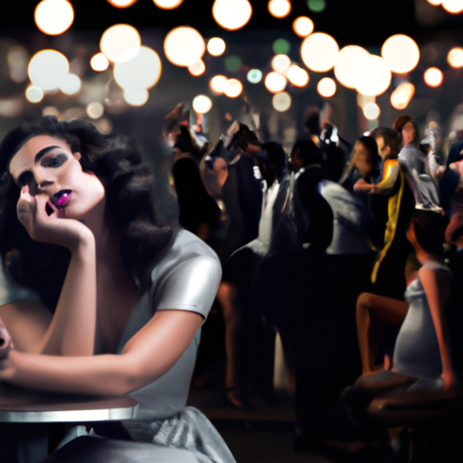 An image that captures the isolation of a single woman in a crowded room, surrounded by couples engaged in joyful conversations, while she sits alone, her body language reflecting longing and longing