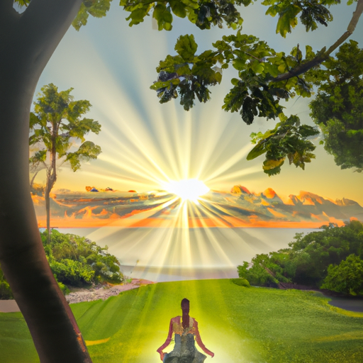 An image of a serene beach scene at sunrise, with a person practicing yoga on a mat, surrounded by lush greenery