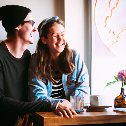 An image showing two people sharing a genuine laugh while sitting in a cozy cafe, surrounded by warm colors