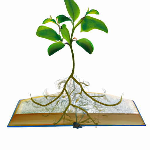 An image of a vibrant green plant sprouting from a book, symbolizing growth and knowledge