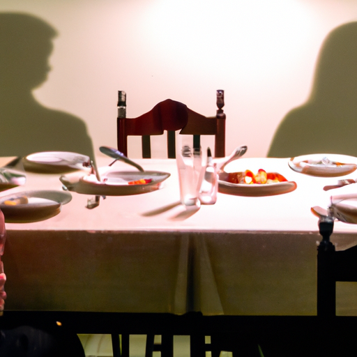 An image capturing a couple sitting at opposite ends of a long, deserted table