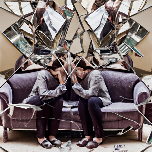 An image showcasing a disheartened couple seated on a dilapidated couch, surrounded by shattered mirrors reflecting their distorted reflections, symbolizing the corrosive impact of constant criticism in relationships