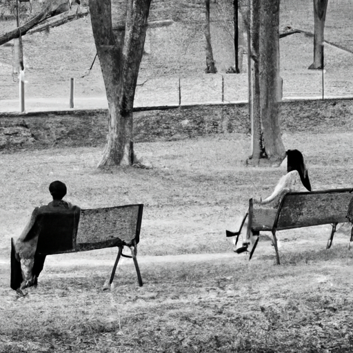 A captivating image depicting a couple sitting on opposite sides of a desolate park bench, absorbed in their own worlds, ignoring each other's presence