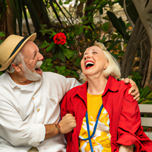An image of two elderly individuals sitting on a park bench, wholeheartedly engaged in the present moment