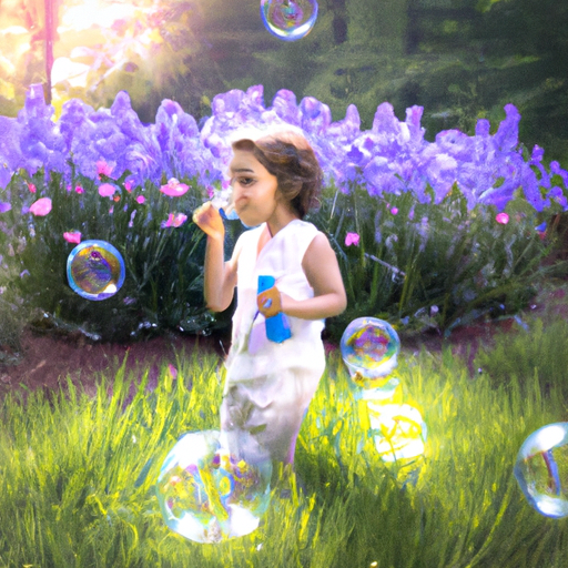An image capturing the pure delight in a child's eyes while blowing bubbles in a sunlit park, surrounded by vibrant flowers and glistening blades of grass, reminding us to find joy in life's simplest moments