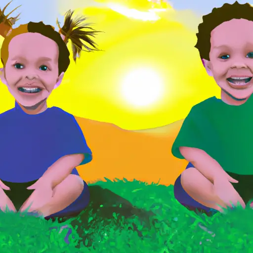 An image featuring two young children sitting cross-legged on a grassy hill, their radiant smiles mirroring a golden sunset