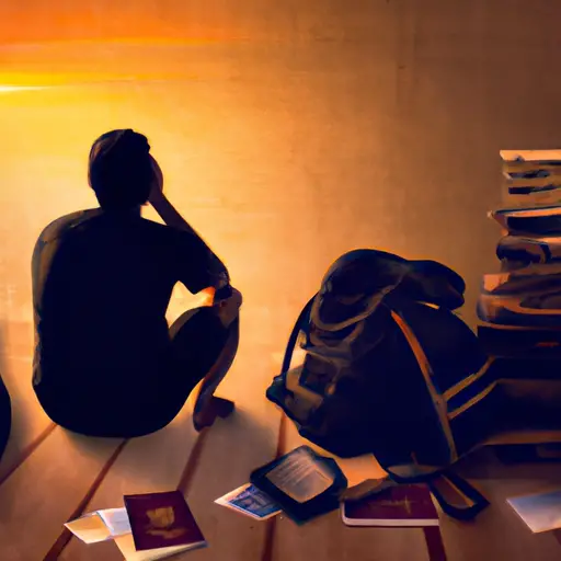 An image of a person gazing at a sunset while holding a passport, surrounded by a stack of unread books, a neglected guitar, and an untouched gym bag, symbolizing missed opportunities and the regret of not pursuing passions sooner