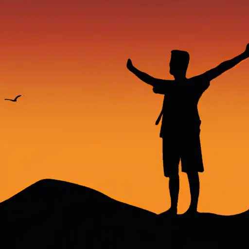 An image of a person standing on top of a mountain, arms outstretched, with a radiant sunset behind them
