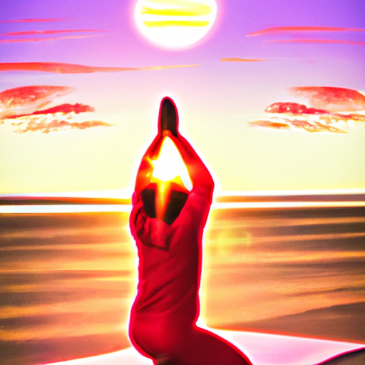 An image of a vibrant sun rising over a serene beach, casting warm colors on a person practicing yoga on the sand