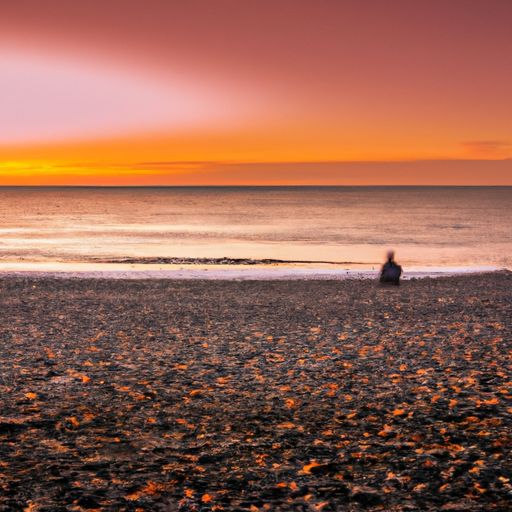 An image of a serene beach sunset, with a solitary figure sitting peacefully on the sand, surrounded by scattered pebbles