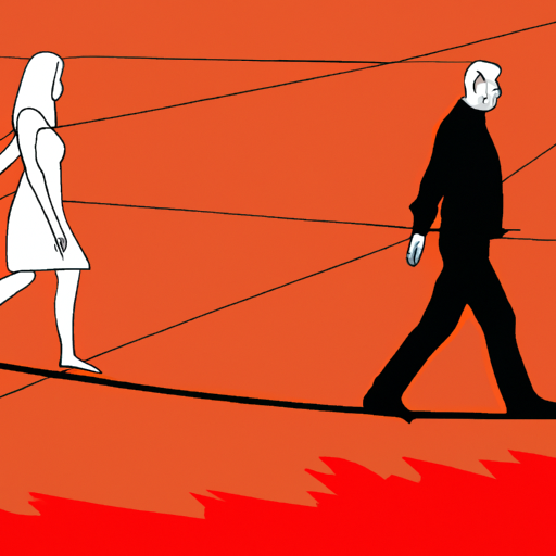 An image featuring a couple walking on a tightrope, with the ex-partner waiting on the other side, symbolizing the potential risks and complications of talking to your ex while in a relationship