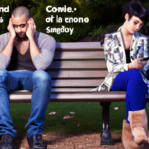 An image that portrays a couple sitting on a park bench, one partner deep in conversation with their ex on the phone, while the other partner sits with a pained expression, feeling neglected and hurt