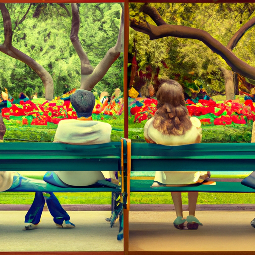 An image that depicts a couple sitting on opposite ends of a park bench, their body language distant and heads turned away from each other, symbolizing emotional disconnect