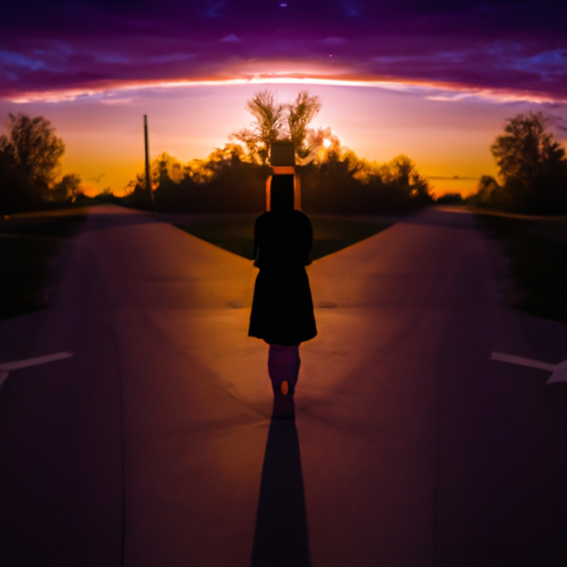 An image with a silhouette of a woman standing at a dimly lit crossroad, her back turned towards the viewer