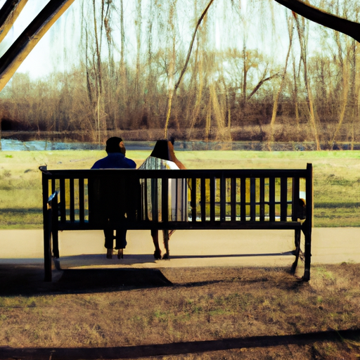 An image of a couple sitting on opposite ends of a long wooden bench in a serene park, their body language reflecting isolation and disconnection