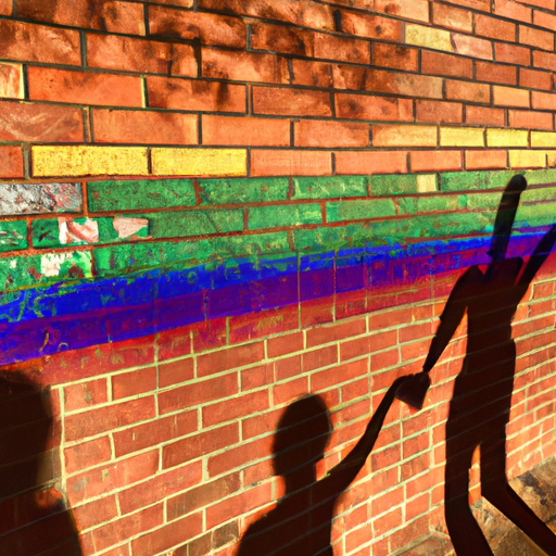 the essence of love, defiance, and acceptance by creating an image showcasing vibrant rainbow hues cascading down a brick wall, intertwining with silhouettes of diverse couples holding hands, their shadows projecting unity and resilience