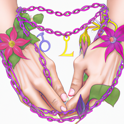 An image of two intertwined hands, one adorned with a Libra symbol bracelet, gently cradling a delicate heart-shaped vine