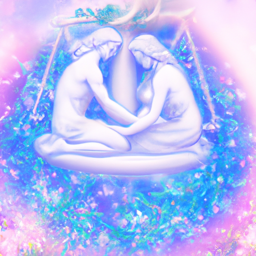 An image showcasing the harmony of two Libras in a romantic embrace, surrounded by a serene garden bathed in soft hues of pink and blue