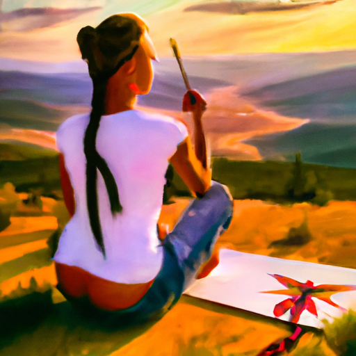 An image of a woman sitting cross-legged on a mountaintop, surrounded by a vast landscape of untouched nature