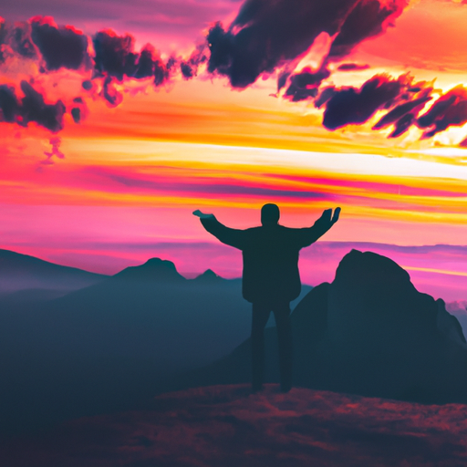An image depicting a person standing on a mountaintop, arms outstretched towards the sunrise
