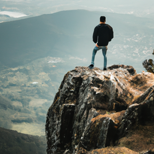 An image of a person standing at the edge of a cliff, overlooking a vast and breathtaking landscape
