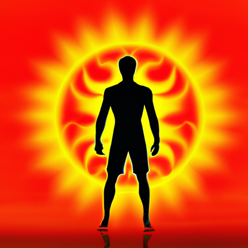 An image depicting a confident, strong male figure standing beneath a radiant sun, surrounded by fiery colors