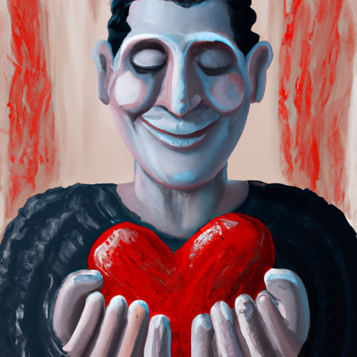 An image showcasing a man with a gentle smile, his warm eyes brimming with compassion, as he tenderly holds a fragile heart in his hands, symbolizing his high level of empathy