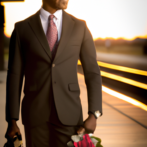 An image featuring a warm sunset backdrop, showcasing a man in a crisp suit, patiently waiting by a train station, holding a bouquet of flowers, while looking at his watch with a gentle smile