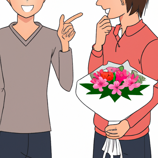 An image featuring a man with a warm smile, gentle eyes, and a caring touch, holding a bouquet of flowers as he listens attentively to a woman, conveying trustworthiness, empathy, and reliability