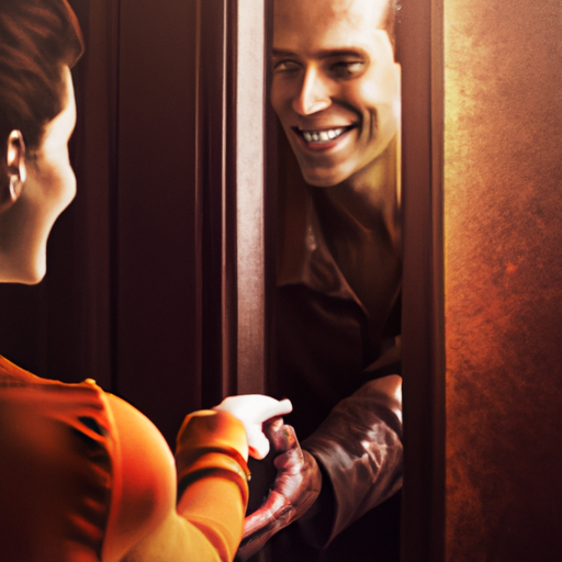 An image showcasing a man gently holding open a door for a woman, his eyes radiating warmth and trust