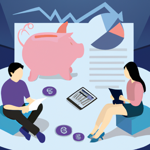 An image showcasing a couple sitting together, surrounded by symbols of financial planning such as a piggy bank, investment charts, and a budget planner