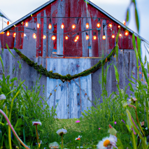 An image capturing the essence of rustic barn weddings in the USA: A beautifully weathered red barn nestled amidst rolling green fields, adorned with twinkling string lights, and surrounded by blooming wildflowers