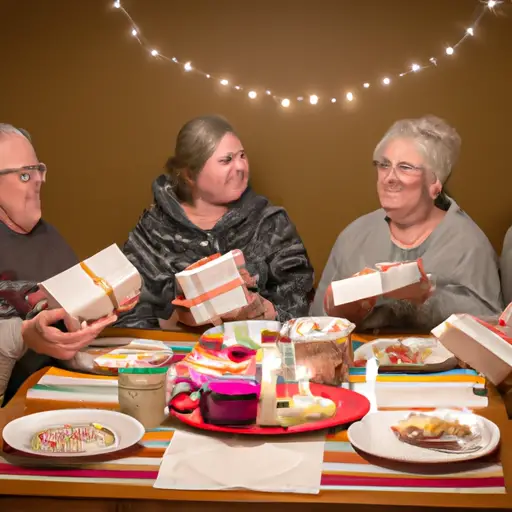 An image depicting a family gathered around a table, their faces lit up with genuine smiles as they present homemade gifts to each other, radiating a palpable sense of gratitude and appreciation