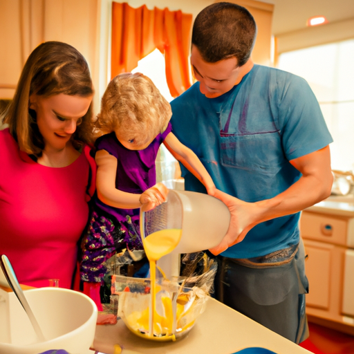 Y hued photograph of a small child standing on a step stool in the kitchen, confidently pouring ingredients into a mixing bowl, as their proud parents watch nearby, radiating warmth and encouragement