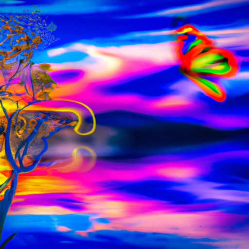An image featuring a vibrant, abstract scene where a tree stands majestically in front of a serene lake, while a colorful butterfly flutters above