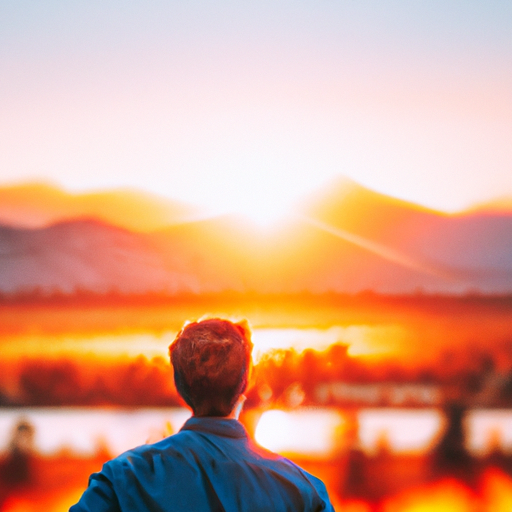 An image of a person observing a vibrant sunset from the top of a mountain