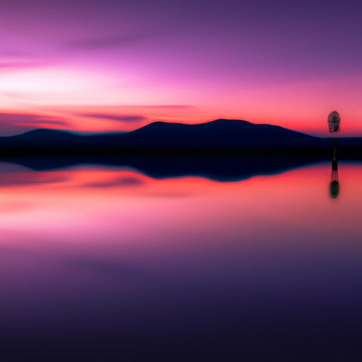 An image showcasing a sprawling landscape with a vibrant sunset reflecting on a serene lake