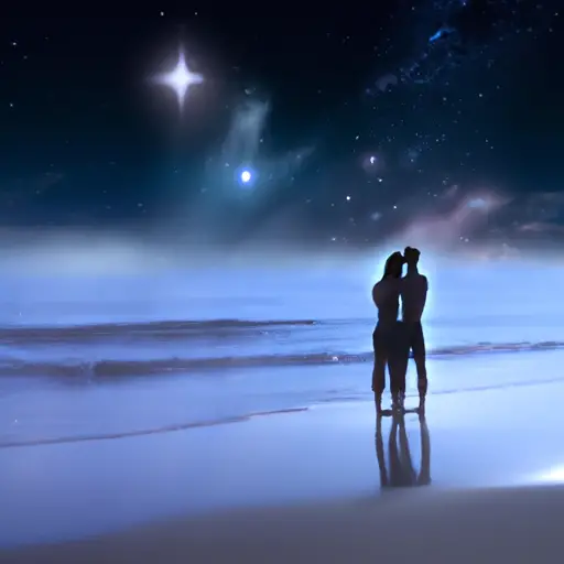 An image of a tranquil moonlit beach, where a Pisces man stands barefoot in the sand, gazing adoringly at his partner as they share a passionate embrace under a sky filled with twinkling stars