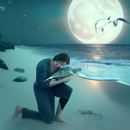 An image showcasing a dreamy moonlit beach, with a Pisces man gently cradling a wounded bird in his hands, radiating empathy and understanding through his compassionate gaze