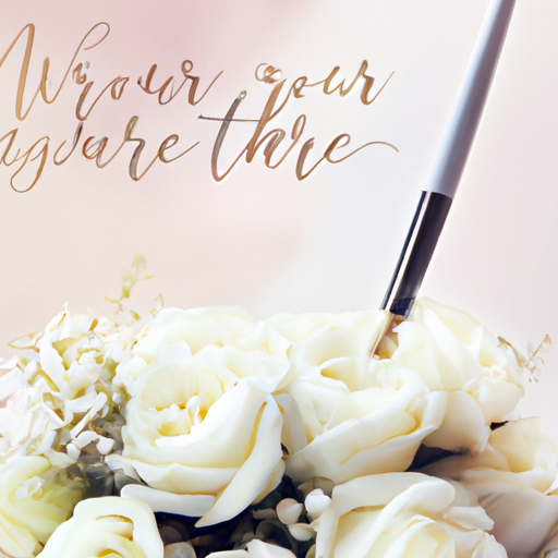 An image featuring a soft pastel background with a delicate bouquet of white roses and a single calligraphy pen resting beside it, evoking a sense of elegance and inspiration for brides on their wedding day