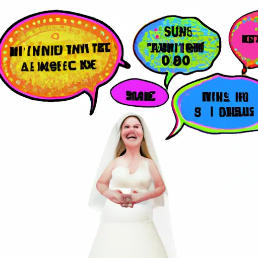 A playful image depicting a blushing bride clutching her stomach in laughter, surrounded by floating speech bubbles in vibrant colors, each containing a humorous quote relevant to weddings