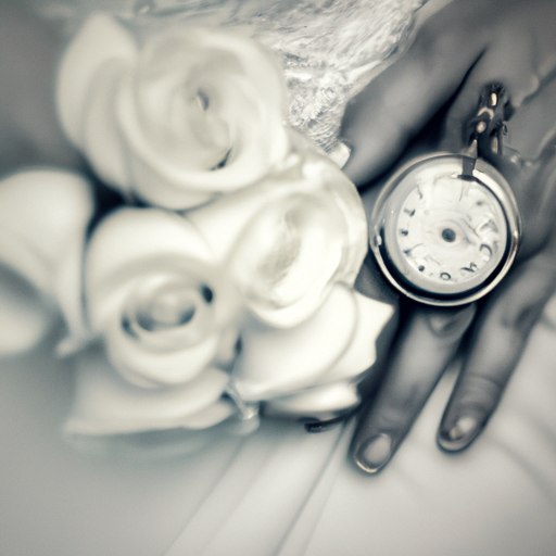 An image capturing the essence of timeless love: a delicate bride's hand clutching a bouquet of white roses, while a vintage pocket watch rests beside it, symbolizing the eternal bond of marriage
