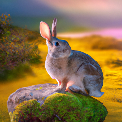 An image showcasing a serene meadow bathed in golden sunlight, with a graceful rabbit perched atop a moss-covered rock, its gentle eyes filled with wisdom and innocence, evoking the profound spiritual symbolism of the rabbit spirit animal