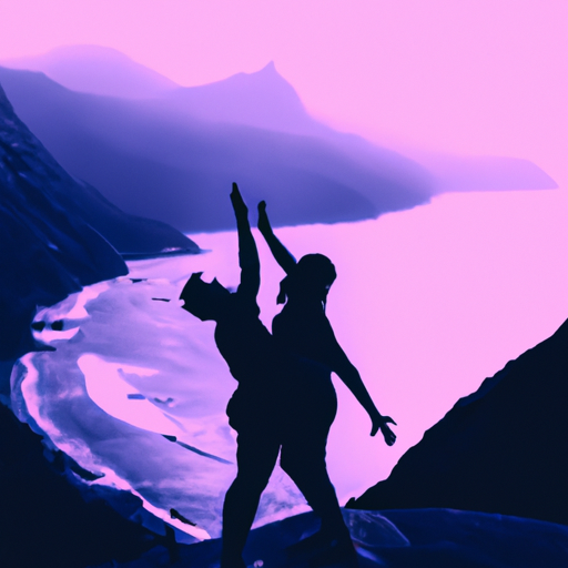 An image featuring two silhouettes of lovers, standing on separate mountaintops with a vast ocean in between
