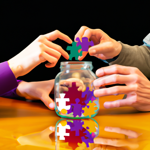 An image showcasing two individuals sitting across from each other, their hands gently clasped over a transparent glass jar filled with colorful puzzle pieces