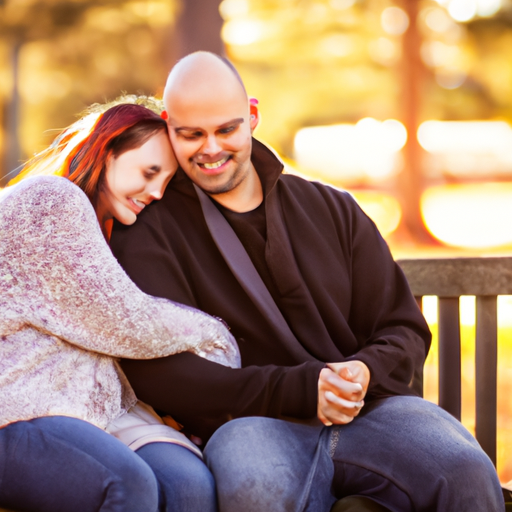 An image featuring a loving couple sitting on a cozy park bench, arms wrapped around each other as they share a genuine, laughter-filled conversation