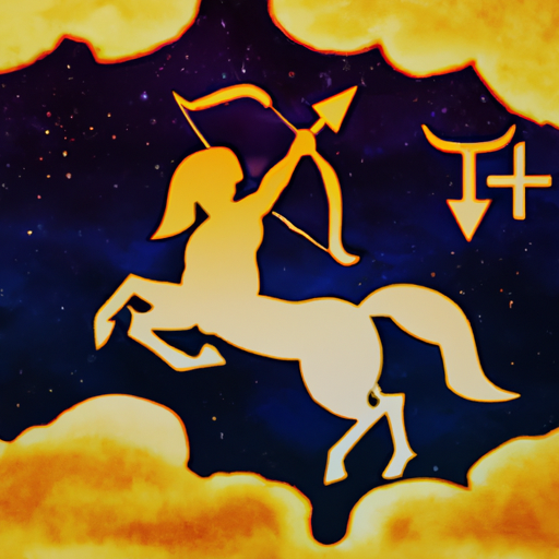 An image showcasing the Sagittarius symbol, a centaur with a bow and arrow, depicted in a vibrant gold color against a celestial background