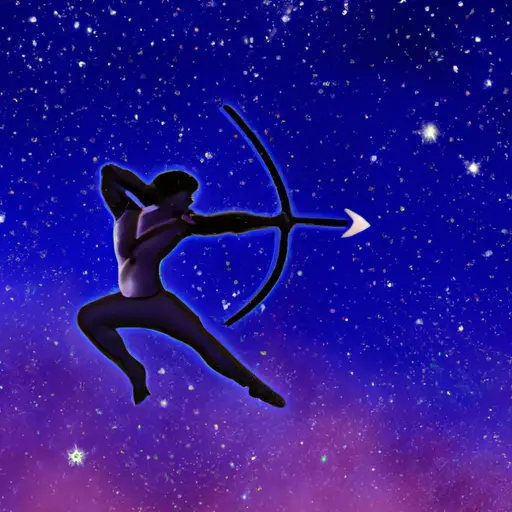 An image showcasing the Sagittarius zodiac symbol, a centaur aiming a bow and arrow towards the sky, surrounded by a celestial background filled with constellations and stars