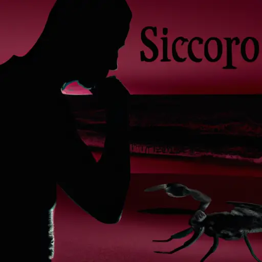 An image depicting a Scorpio man standing alone on a desolate beach at dusk, his guarded eyes conveying a mix of intensity and vulnerability, mirroring his weakness in love