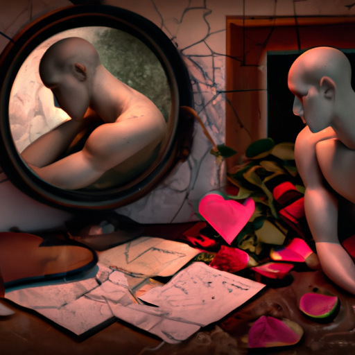 An image depicting a forlorn Libra man disinterestedly gazing at his reflection in a cracked mirror, with wilting roses and a neglected love letter on a cluttered table nearby